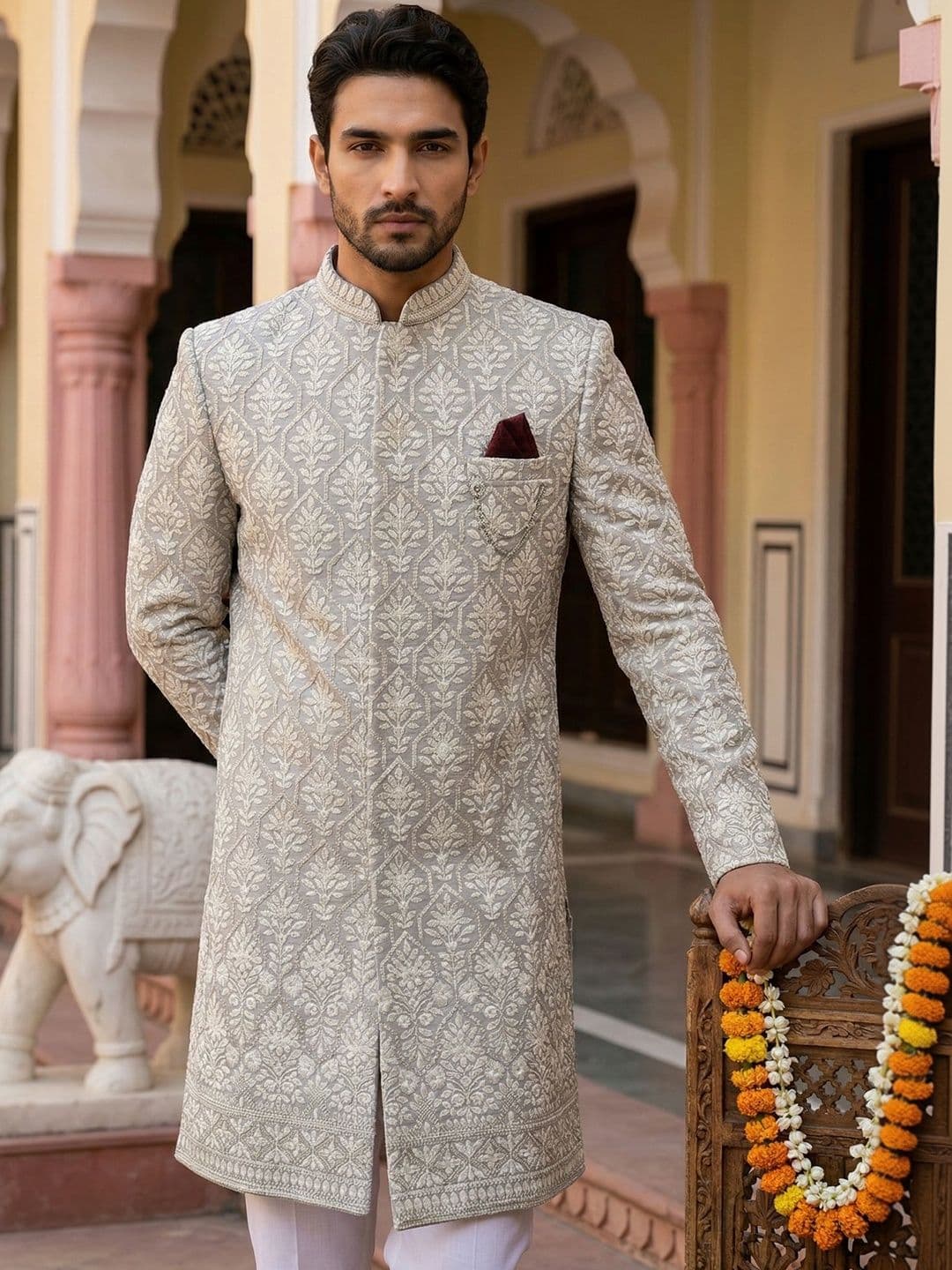 Jompers Embroidered Mandarin Collar Sherwani - view 1