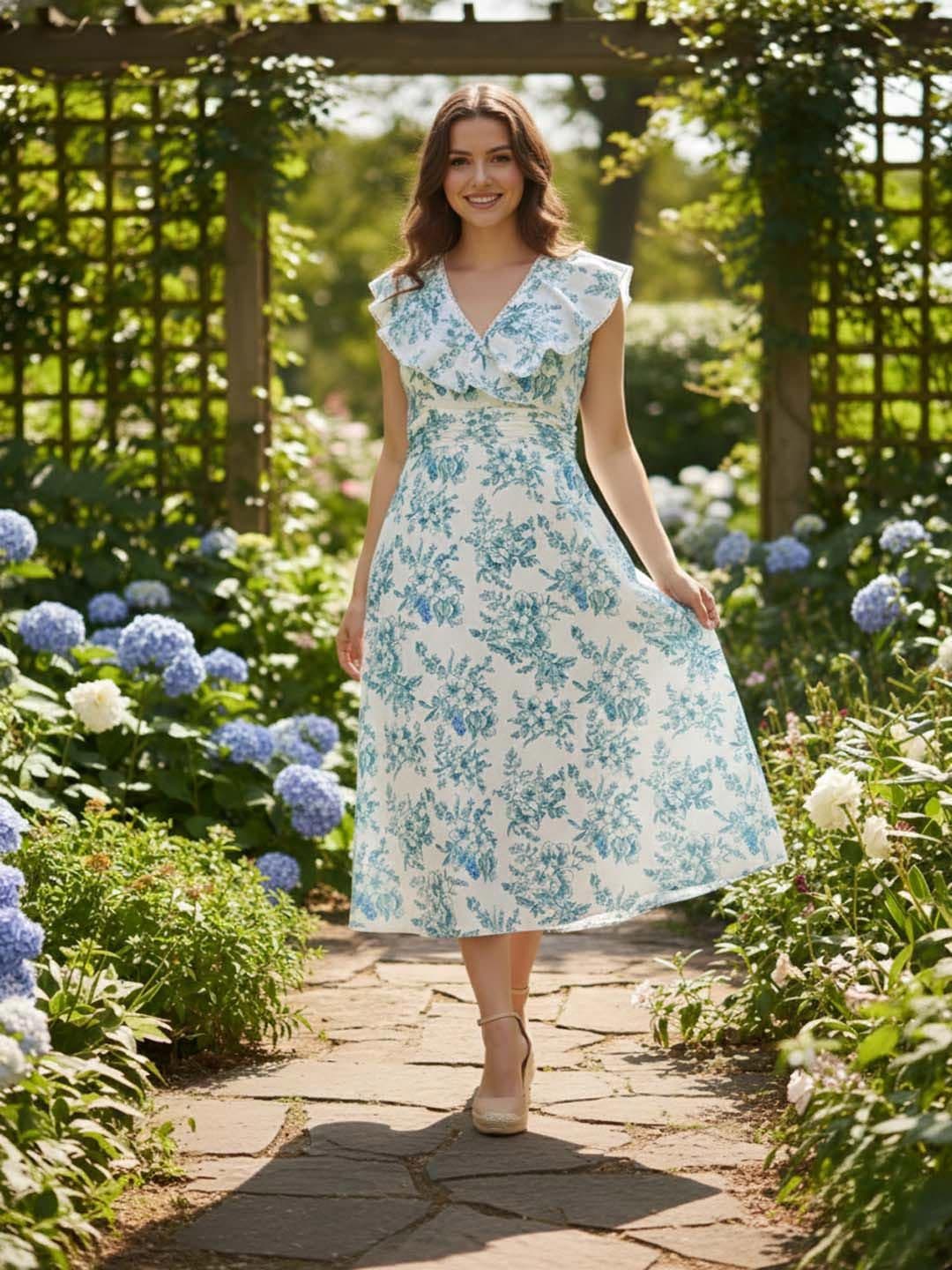 GENZILOOKS Floral Print Flutter Sleeve Ruffled A-Line Midi Dress - view 1