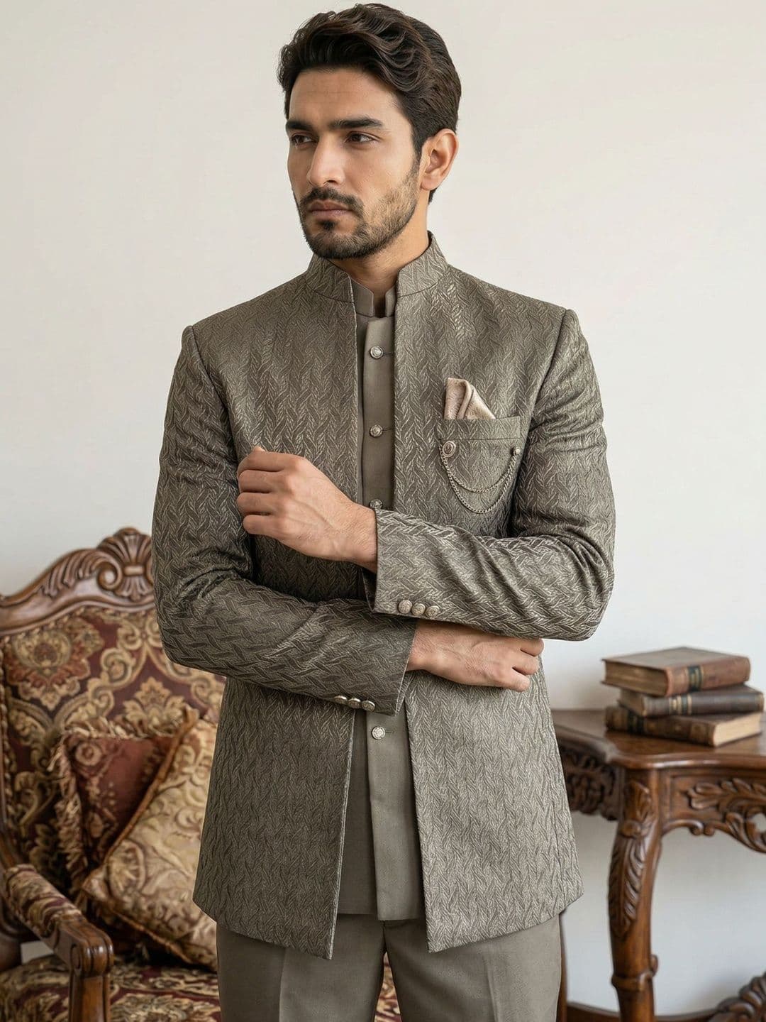 Jompers Self Design Mandarin Collar Sherwani - view 1