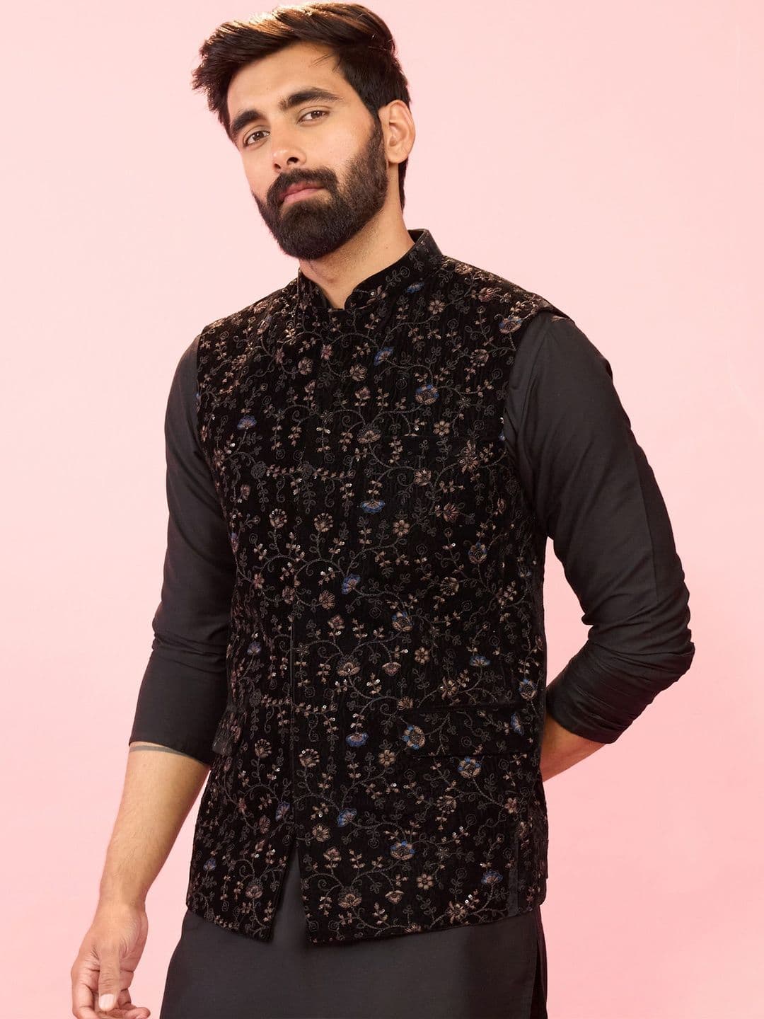 VASTRAMAY Men Black Velvet Floral Thread Embroidered Nehru Jacket - view 1