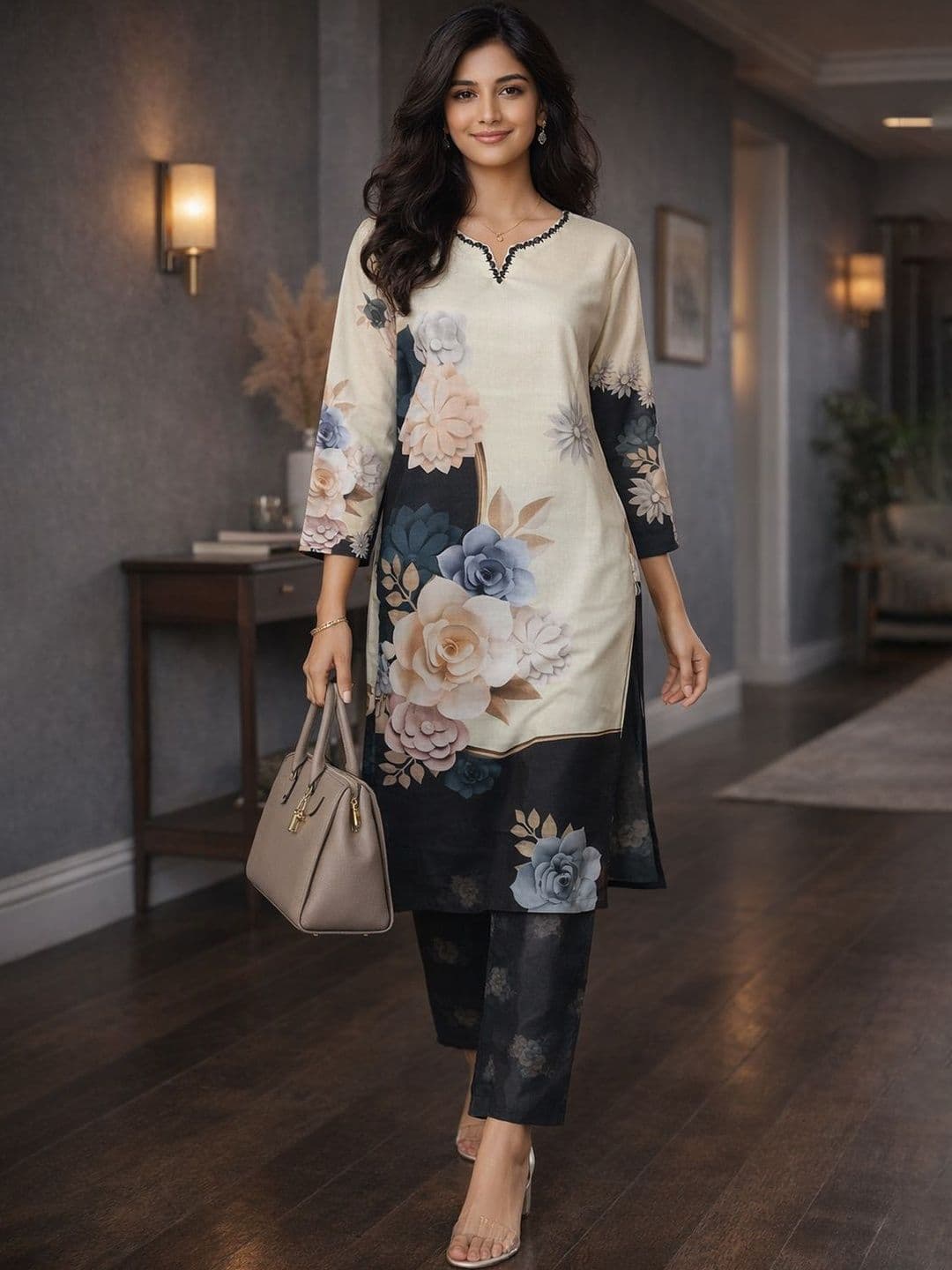 Anouk Women Beige & Black Floral Printed Cotton Blend Mirror Work Neckline Co-ord - view 1