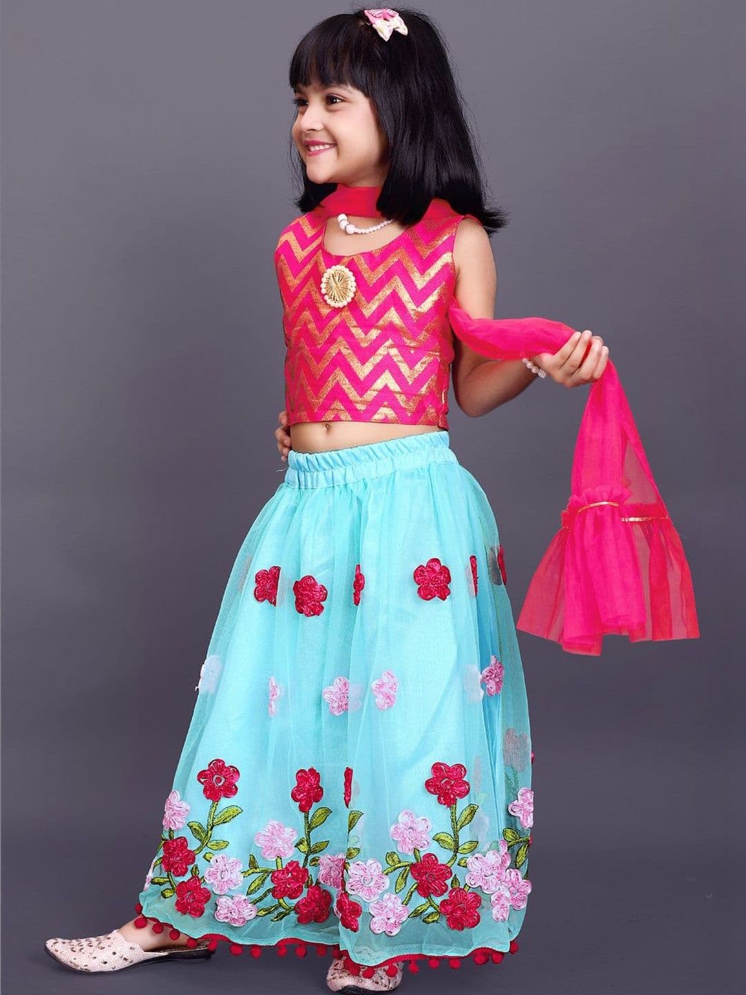 KALINI Girls Embellished Thread Work Ready to Wear Net Lehenga & Blouse With Dupatta - view 1