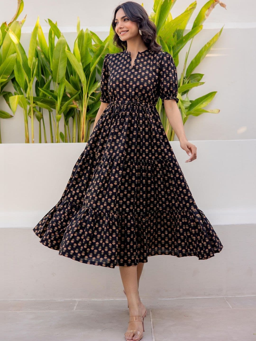 LABEL ADRIJA Floral Print Puff Sleeve Organic Cotton A-Line Midi Dress - view 1