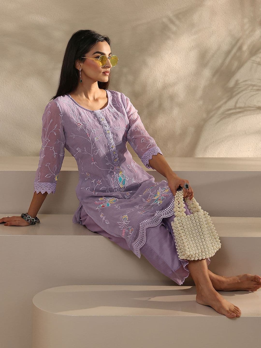 Libas Floral Organza Embroidered Tunic with Trousers - view 1