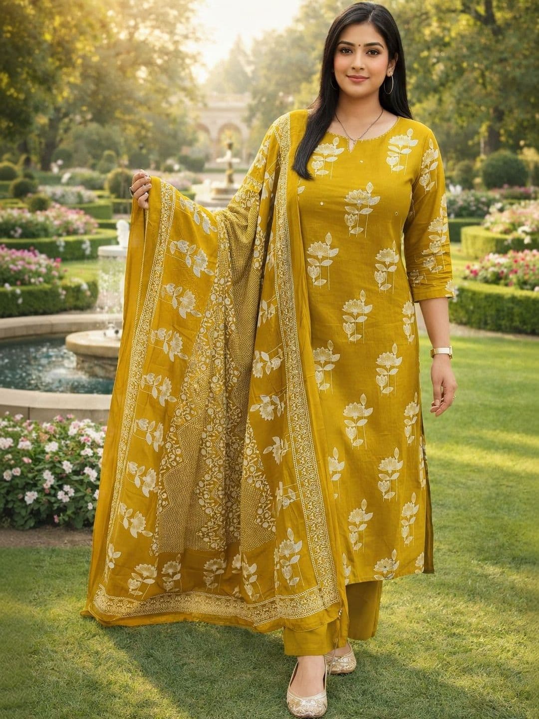 HERE&NOW Womens Mustard Yellow Floral Printed Cotton Kurta Set Pant with Dupatta - view 1