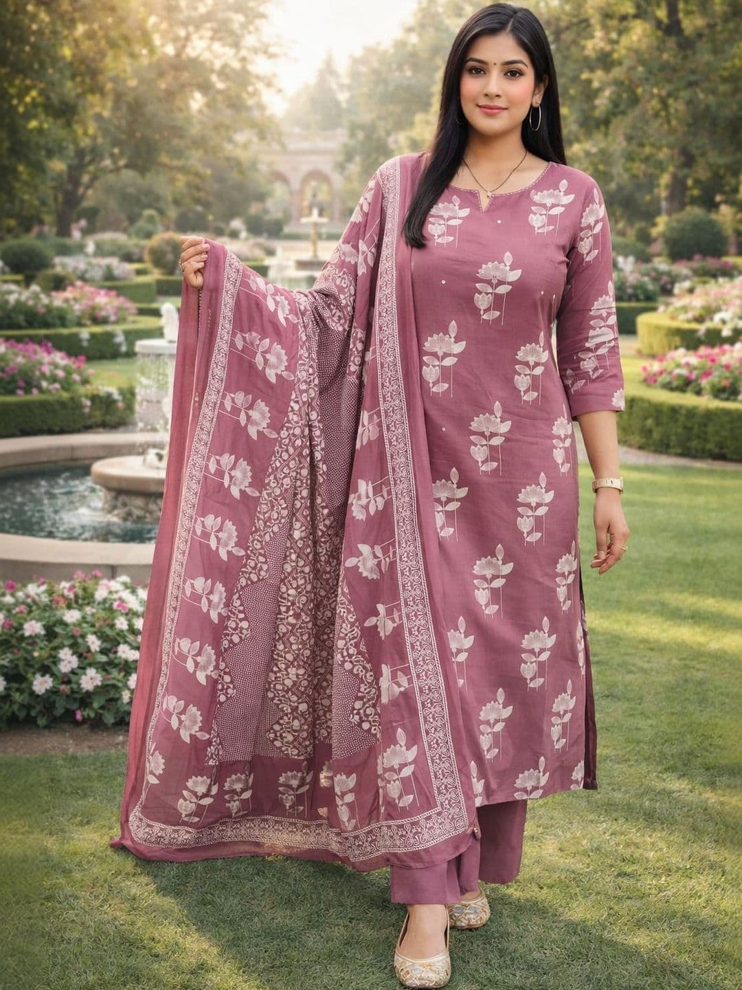 HERE&NOW Women Floral Printed Regular Pure Cotton Kurta with Trousers & With Dupatta - view 1