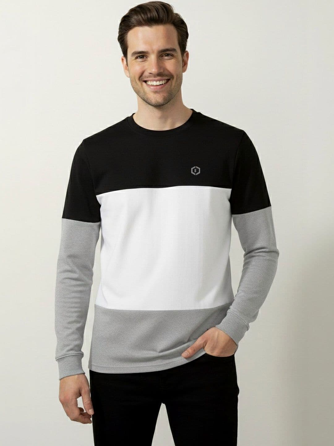 Febue Mens Black White Grey Colorblock Full Sleeve Regular Fit Casual Wear T-shirts - view 1