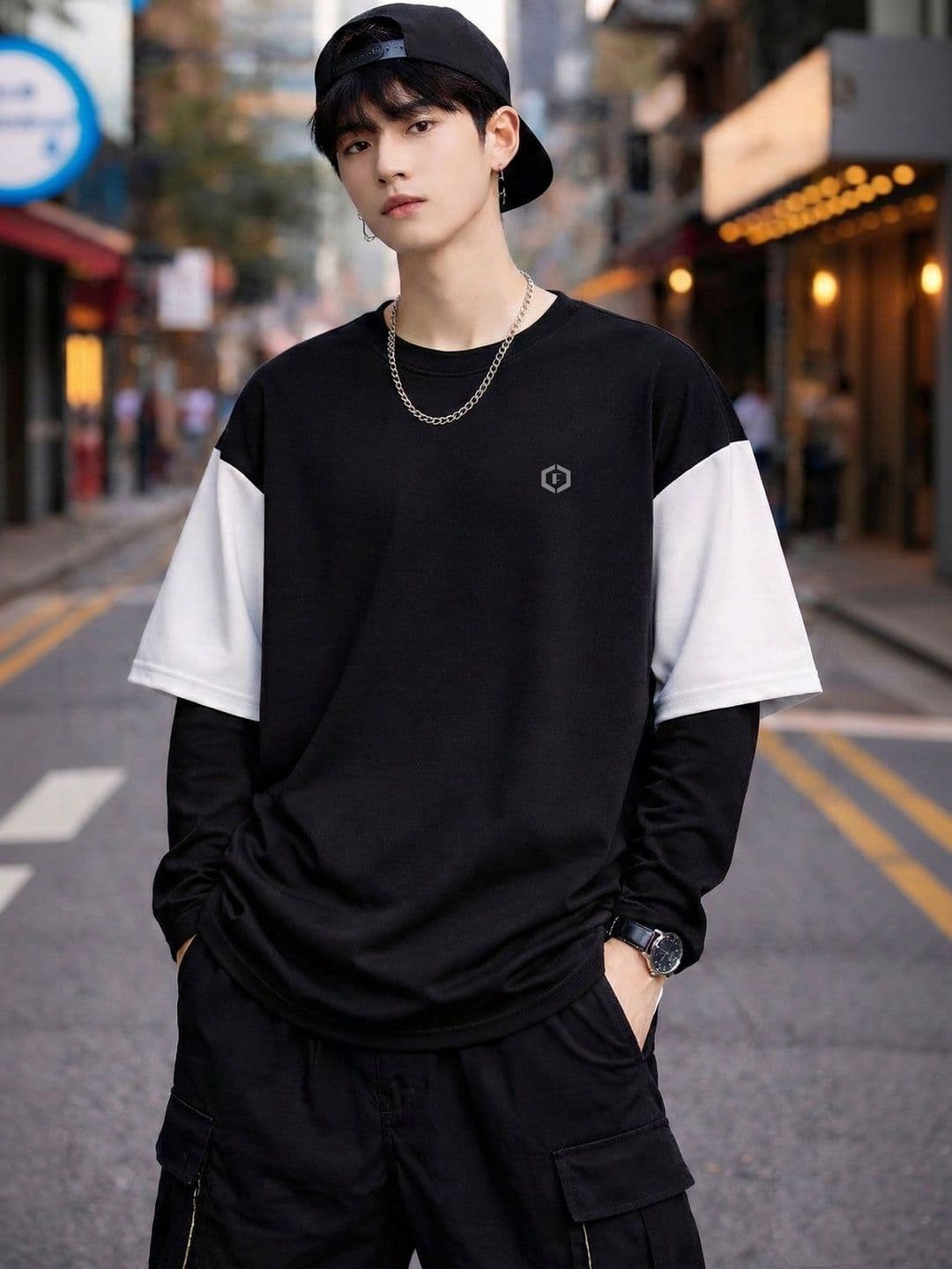Febue Korean Style Doctor Sleeve Streetwear Men's Relaxed Fit Black T-shirts - view 1