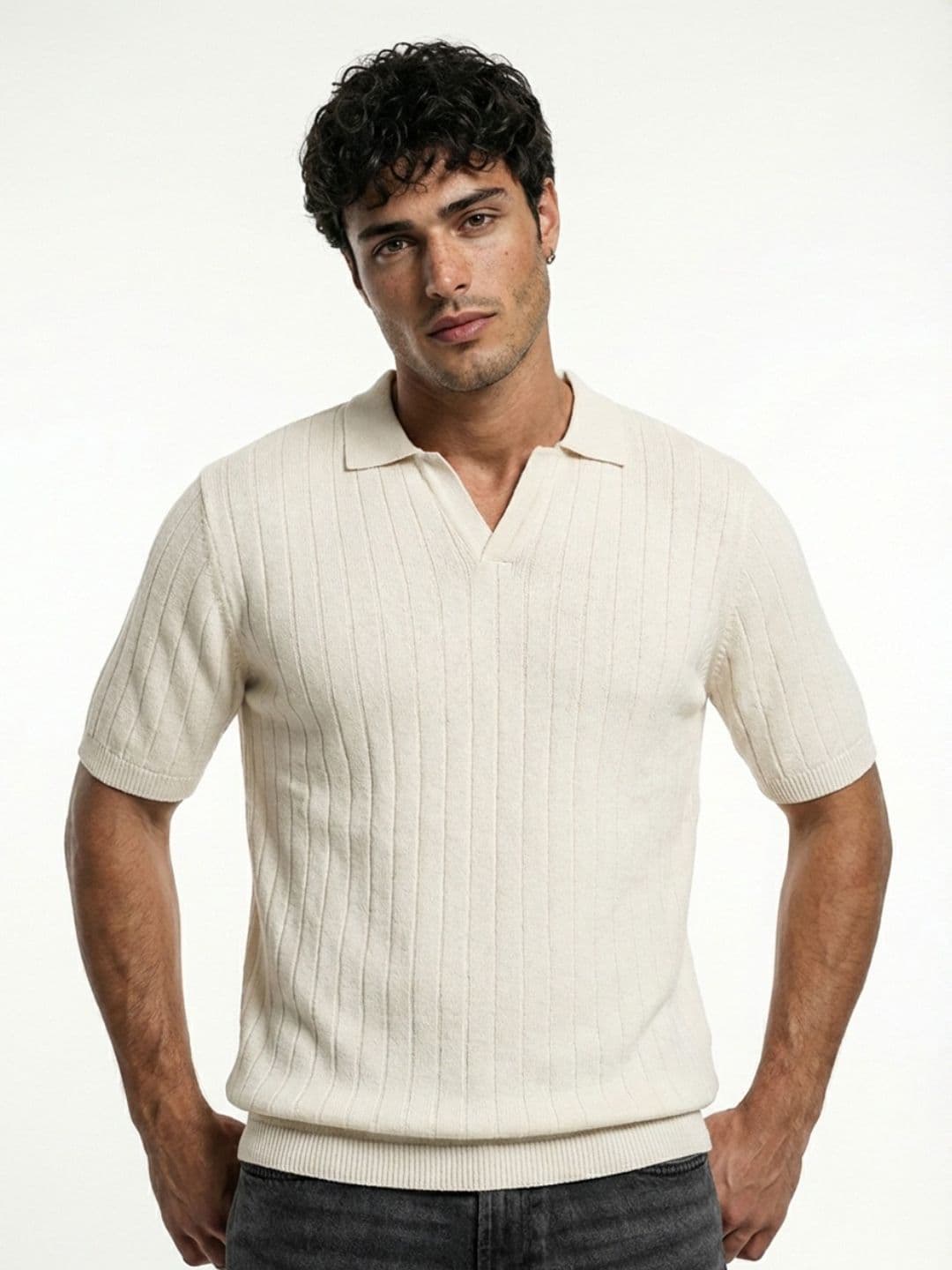 glitchez Self Striped Polo Collar Fine Knit Relaxed Fit T-shirt - view 1