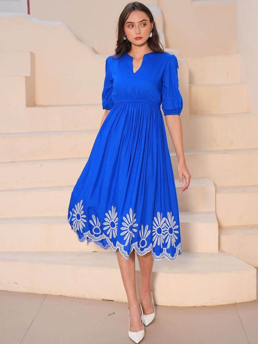 OCTICS Floral Embroidered Mandarin Collar Puff Sleeve Fit & Flare Midi Dress - view 1