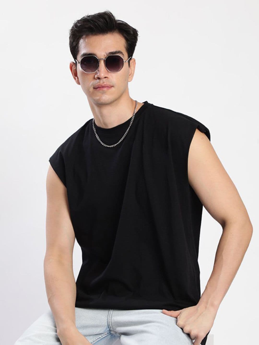 Bene Kleed Men solid Round Neck Sleeveless Cotton Oversized Tshirt - view 1
