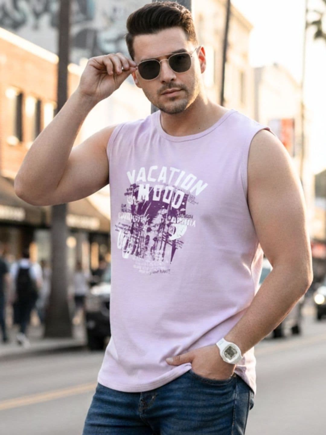 Metronaut Sleeveless Round Neck Typography Print Light Purple Cotton Men T-shirts - view 1