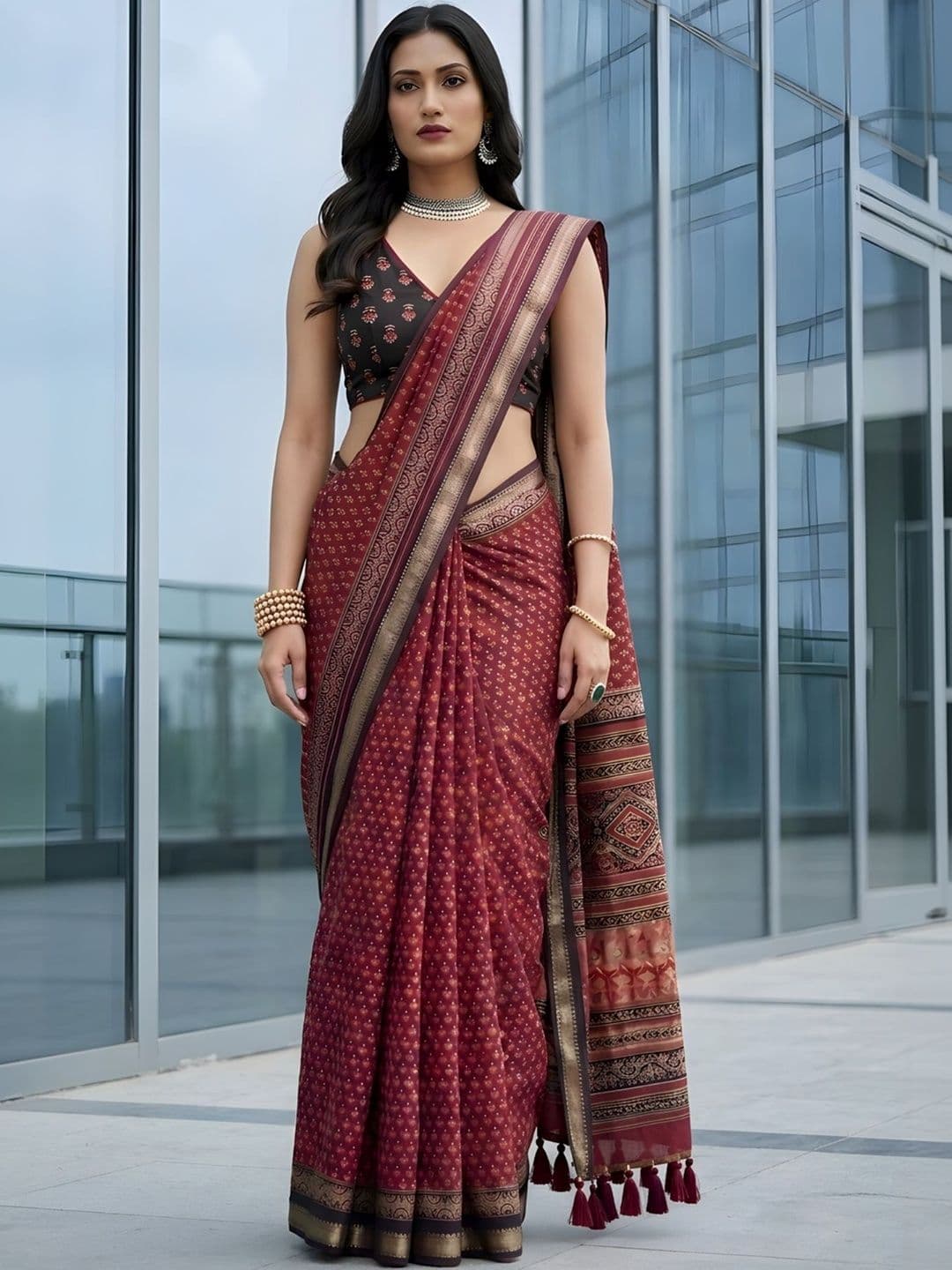 Anouk Ethnic Motifs Printed Cotton Saree - view 1