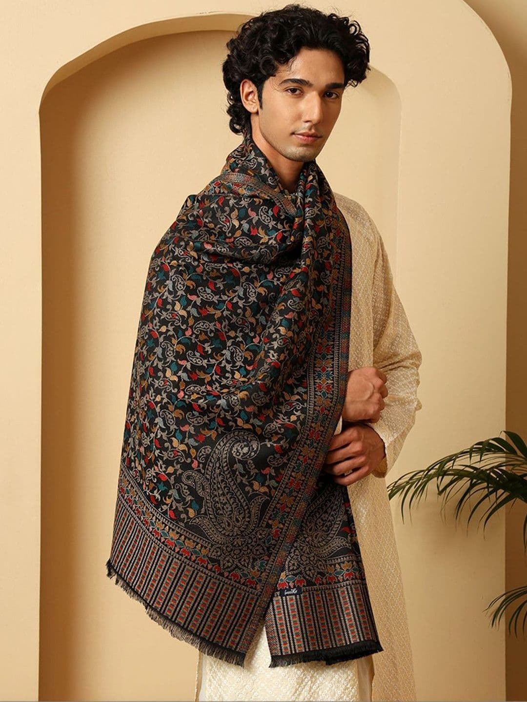 Tweedle Men Ethnic Kashmiri Kani Woven Design Stole with Fringed Border - view 1