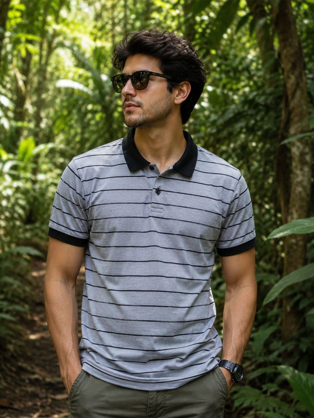 The Roadster Lifestyle Co Striped Cotton Polo Collar T-shirt - view 1
