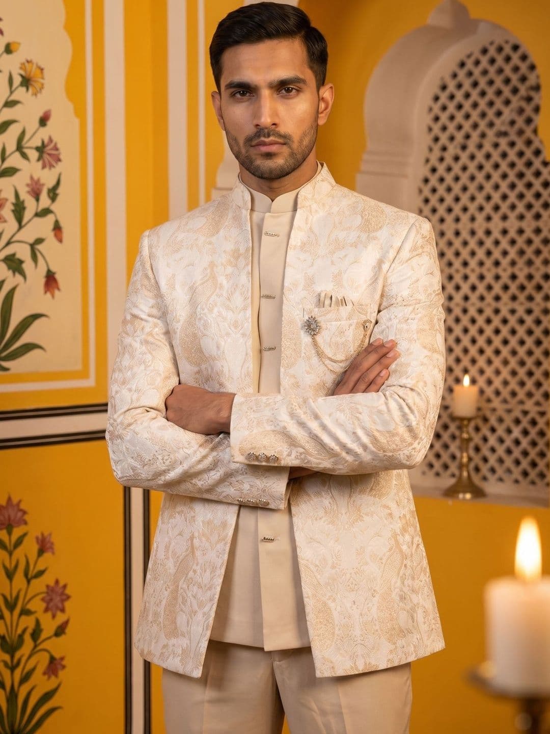 Jompers Self Design Mandarin Collar Sherwani - view 1