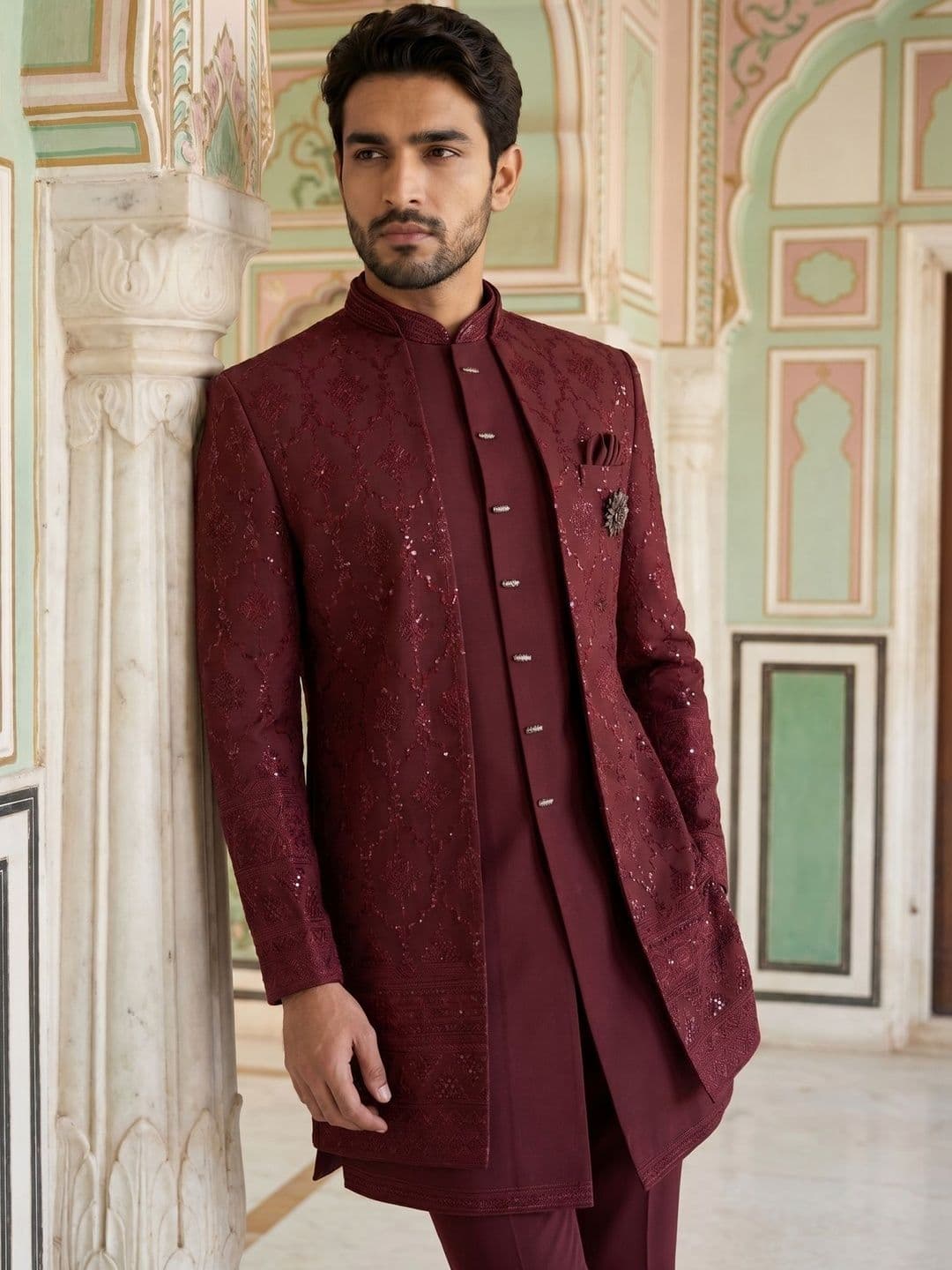 Jompers Embroidered Mandarin Collar Sherwani - view 1