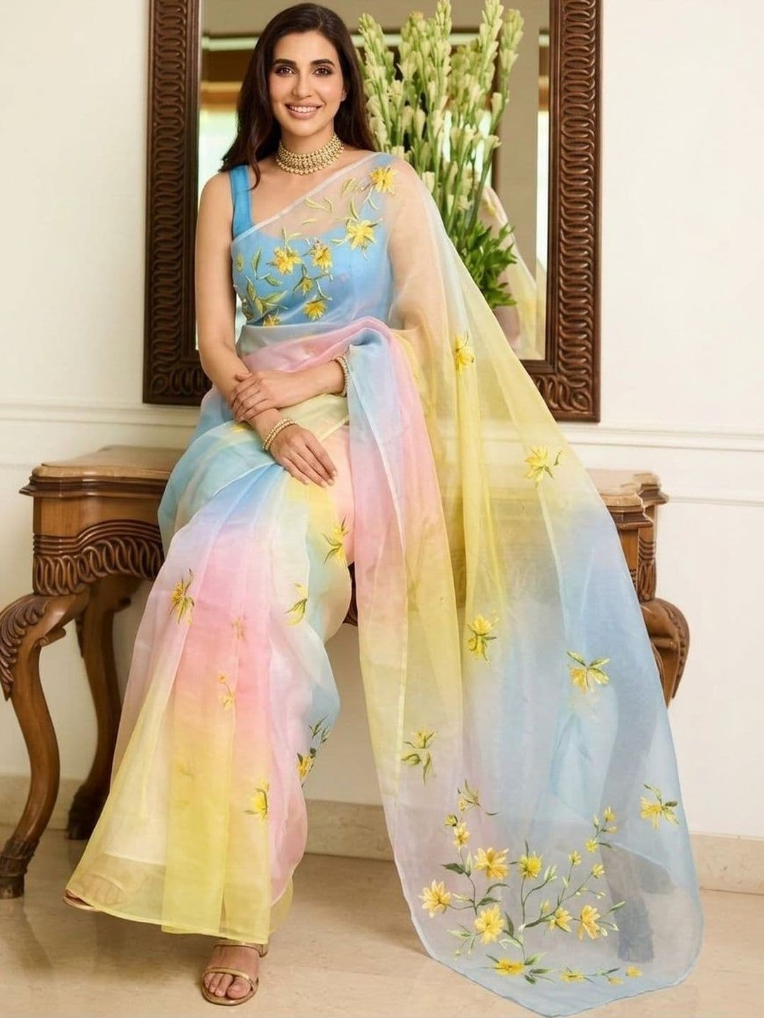 Sangria Floral Printed Sarees With Unstitched Blouse Piece - view 1