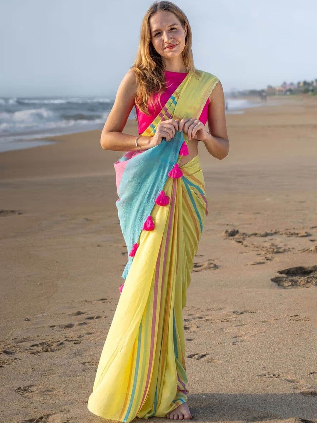 Silkena Striped Linen Blend Handloom Saree - view 1