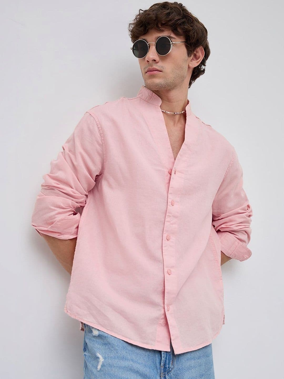 VASTRADO Mist Pink Linen Blend Stand Collar Oversized Shirt - view 1