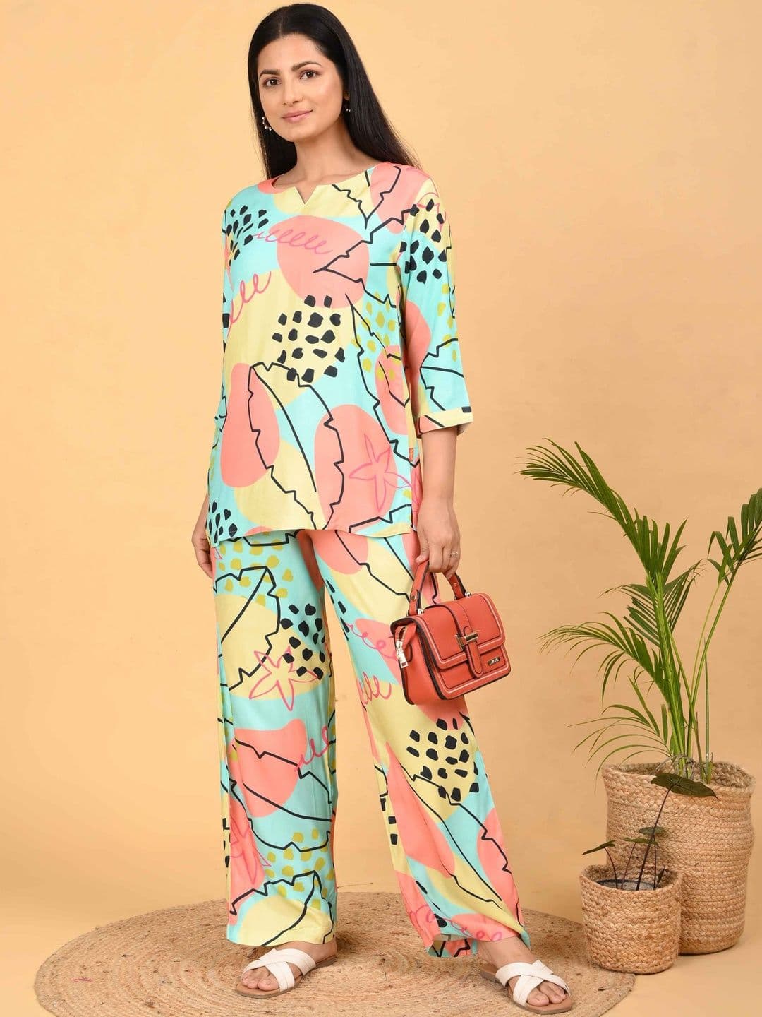 Minelli Tropical Bamboo Printed Top with Palazzos - view 1