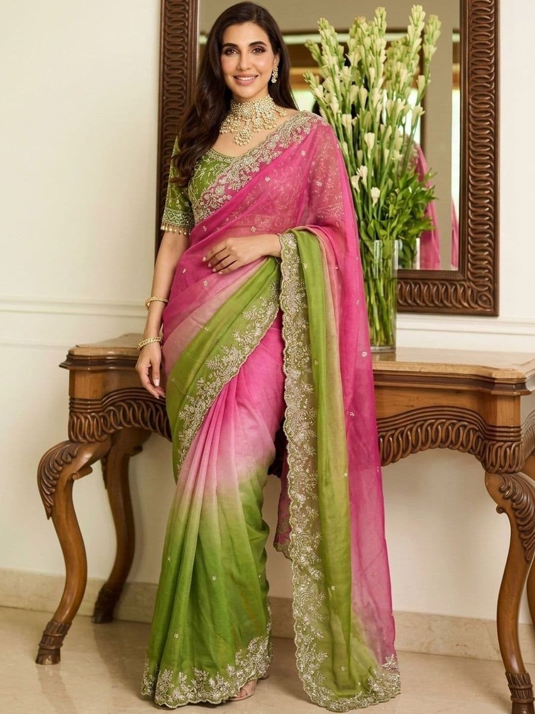 Sangria Embroidered Banarasi Sarees With Unstitched Blouse Piece - view 1