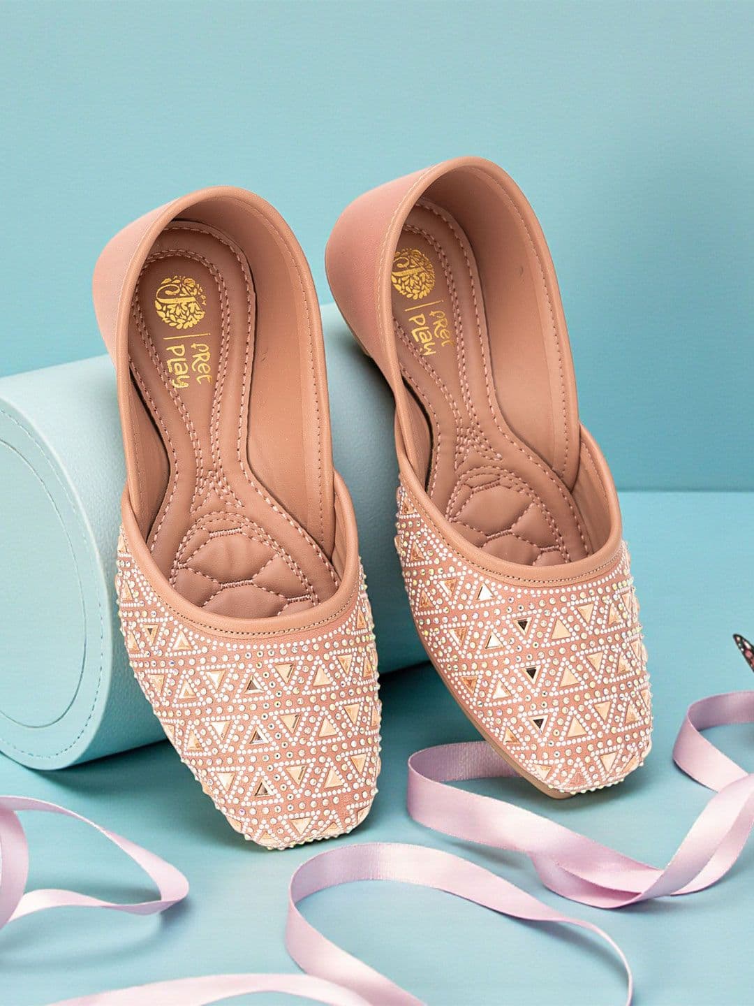 Freeplay Girls Pink Synthetic Leather Slip On Embellished Square Toe Mojaris - view 1