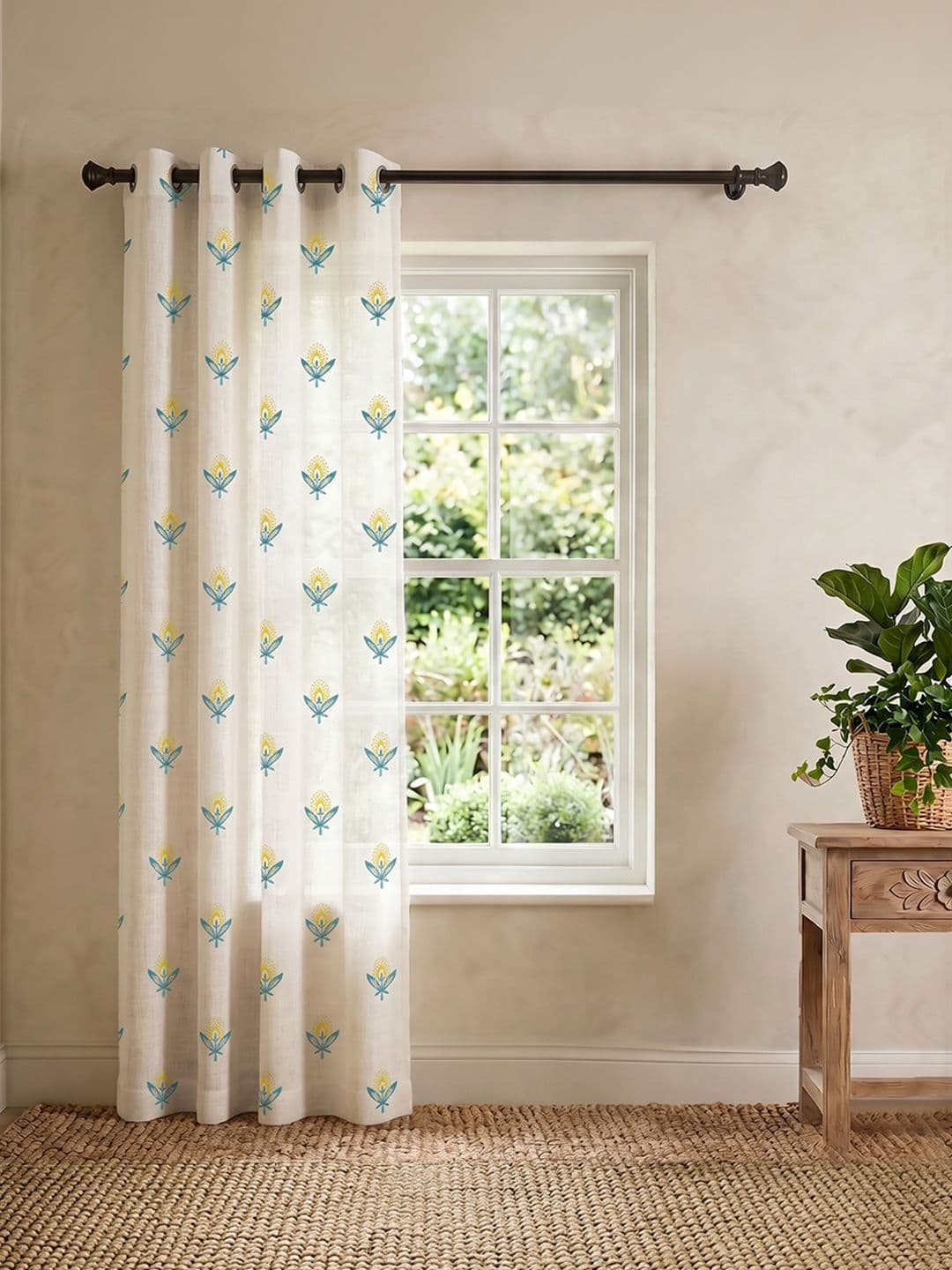 URBAN SPACE White & Teal Embroidered Sheer Door Curtain - view 1