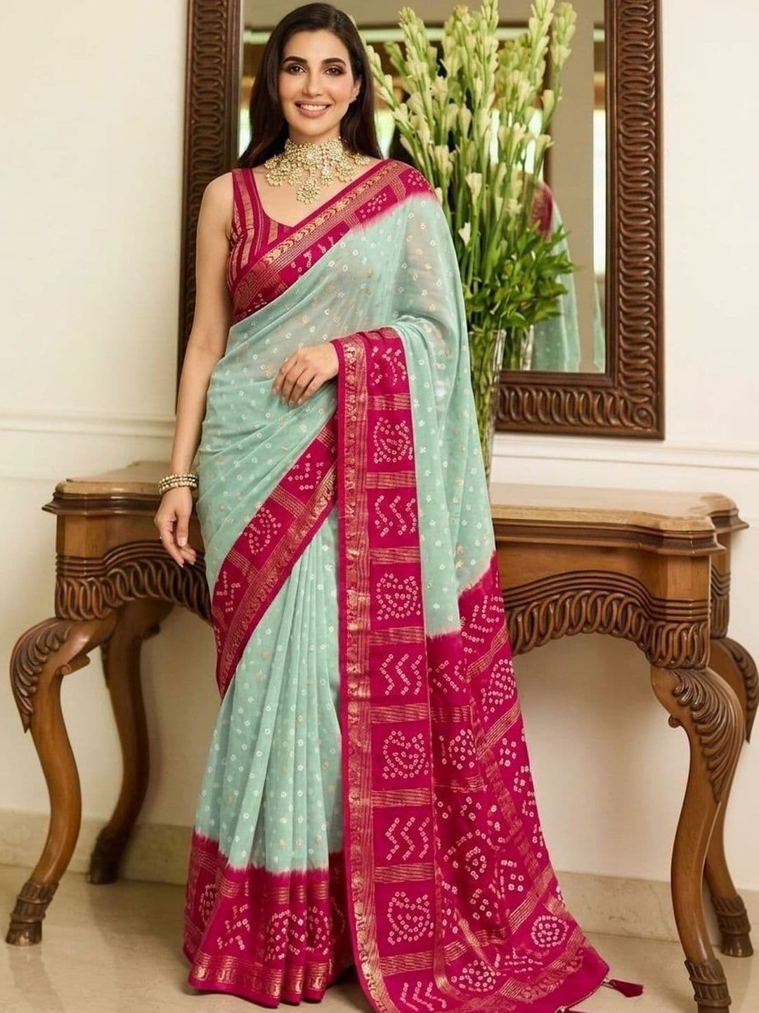 Sangria Bandhani Printed Sarees With Unstitched Blouse Piece - view 1