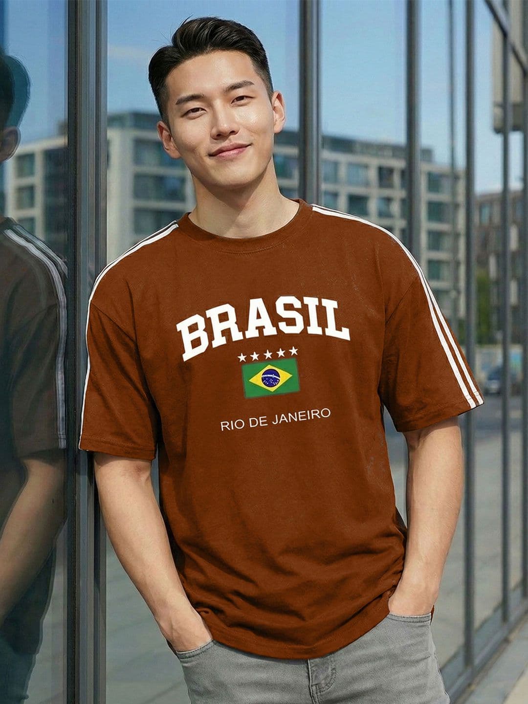 TOM MILTON Men Brown Round Neck Half Sleeve Net Folding Oversized Tshirt - view 1