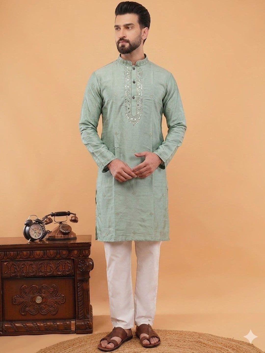 CHIRASVI Men Silk Embellished Mirror Work Kurta - view 1