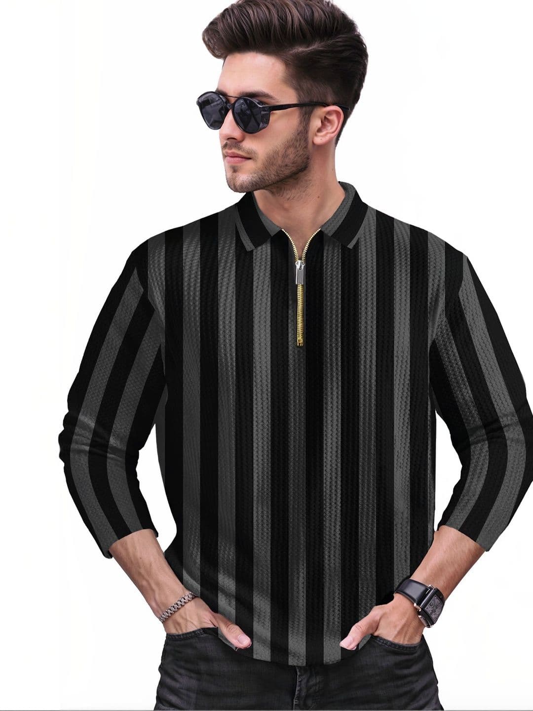 HOODLER Men Striped Polo Collar T-shirt - view 1