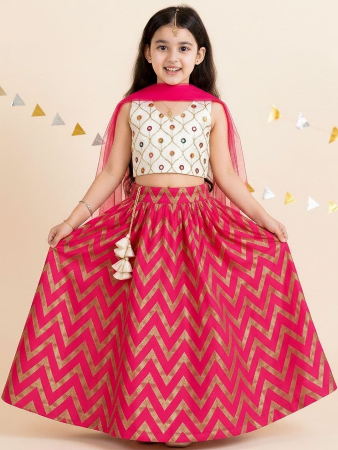 Sainur creation Girls Embellished Sequinned Foil Print Ready to Wear Lehenga & Blouse With Dupatta - view 1