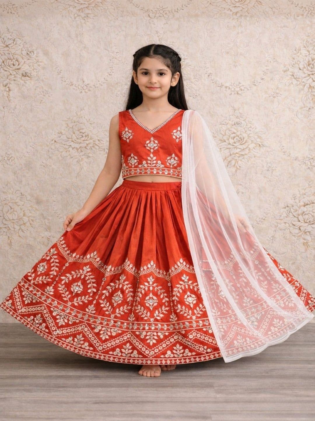 Helene Girls Embellished Mirror Work Semi-Stitched Lehenga & Blouse With Dupatta - view 1