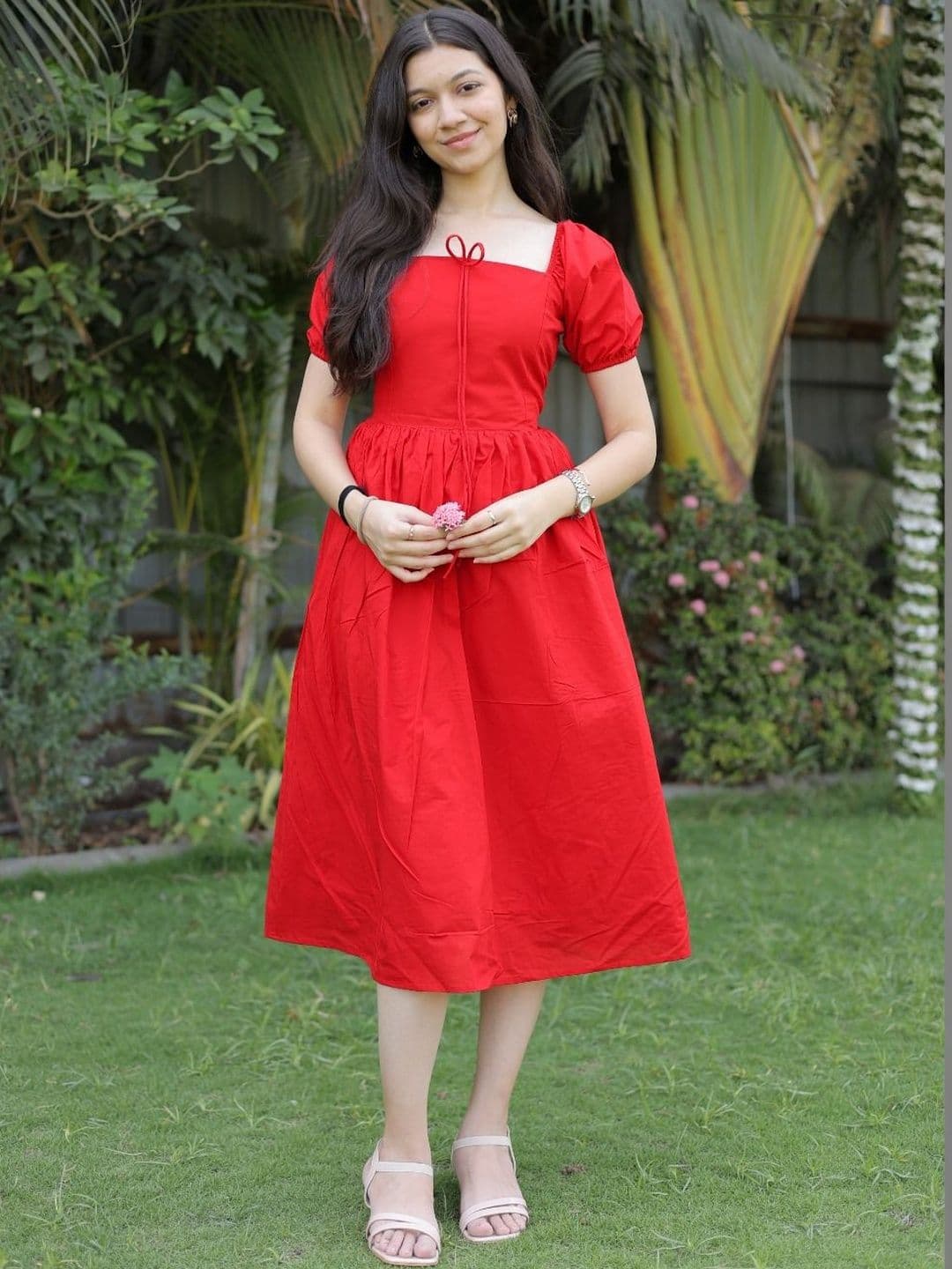JEEREVA Puff Sleeve Fit & Flare Midi Dress - view 1