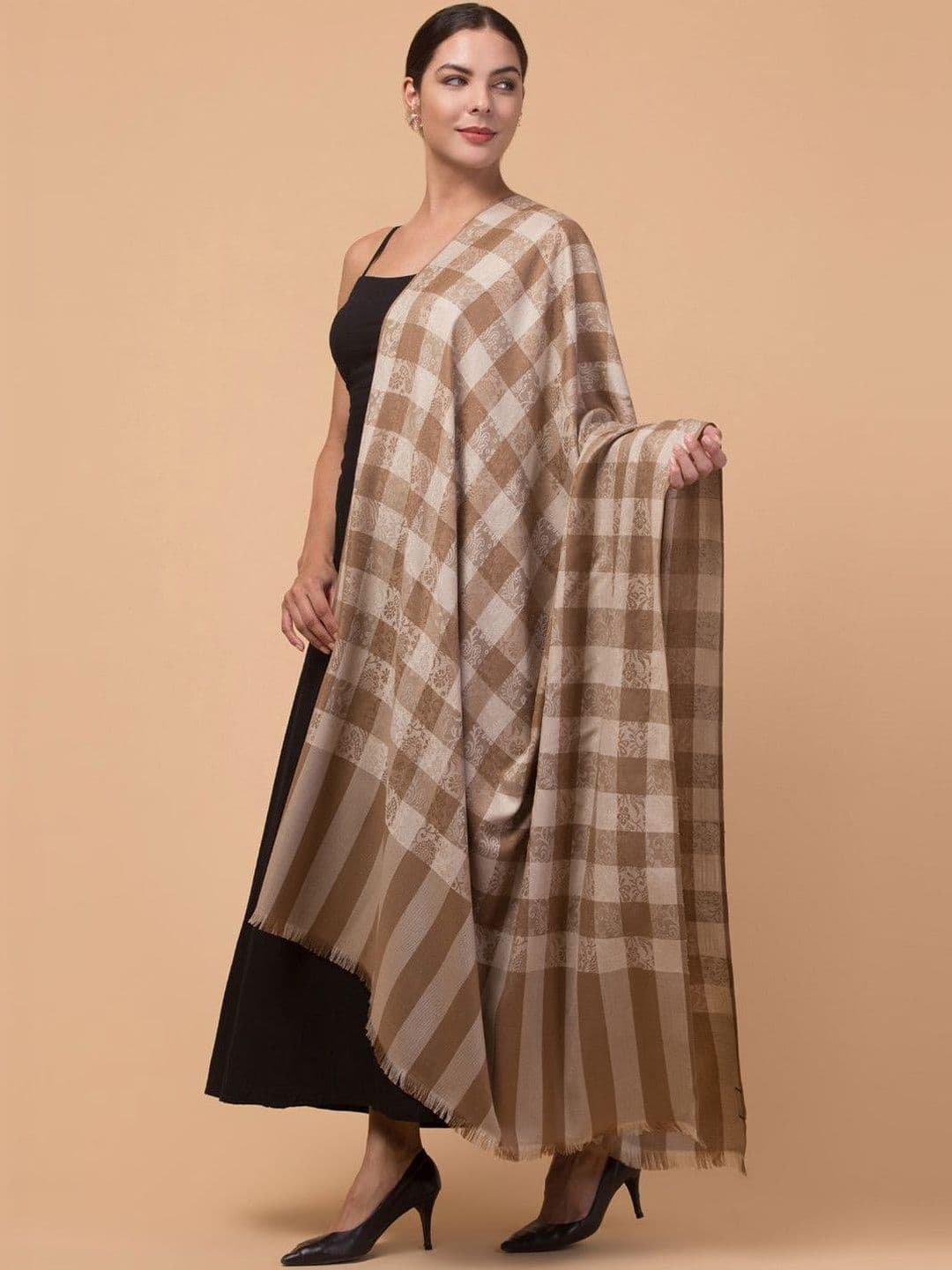 Tweedle Checked Woven Design Acrylic Reversible Shawl - view 1