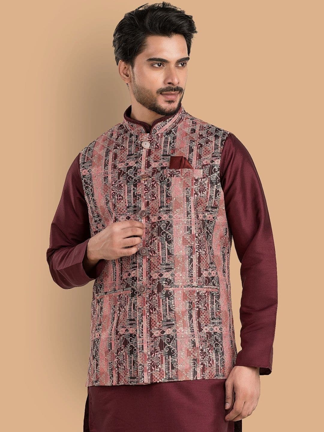 TRENDS OF ETHNIC Woven Design Zari Mandarin Collar Nehru Jacket - view 1