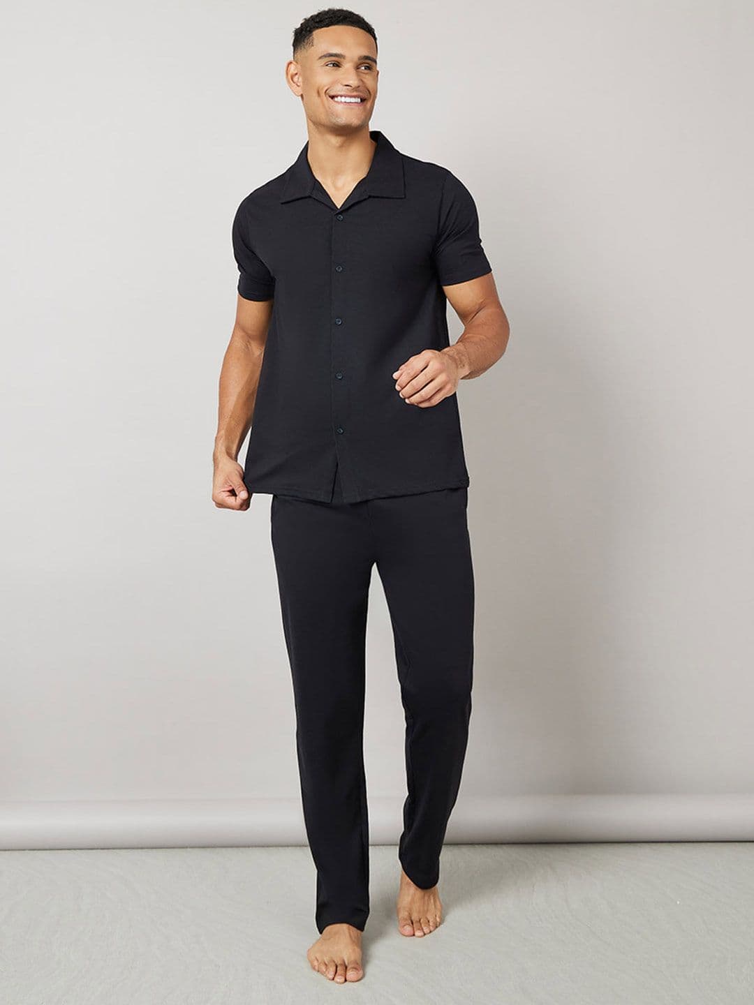 Styli Men Black Solid Collared Short Sleeve Shirt & Pyjama Night Suit - view 1