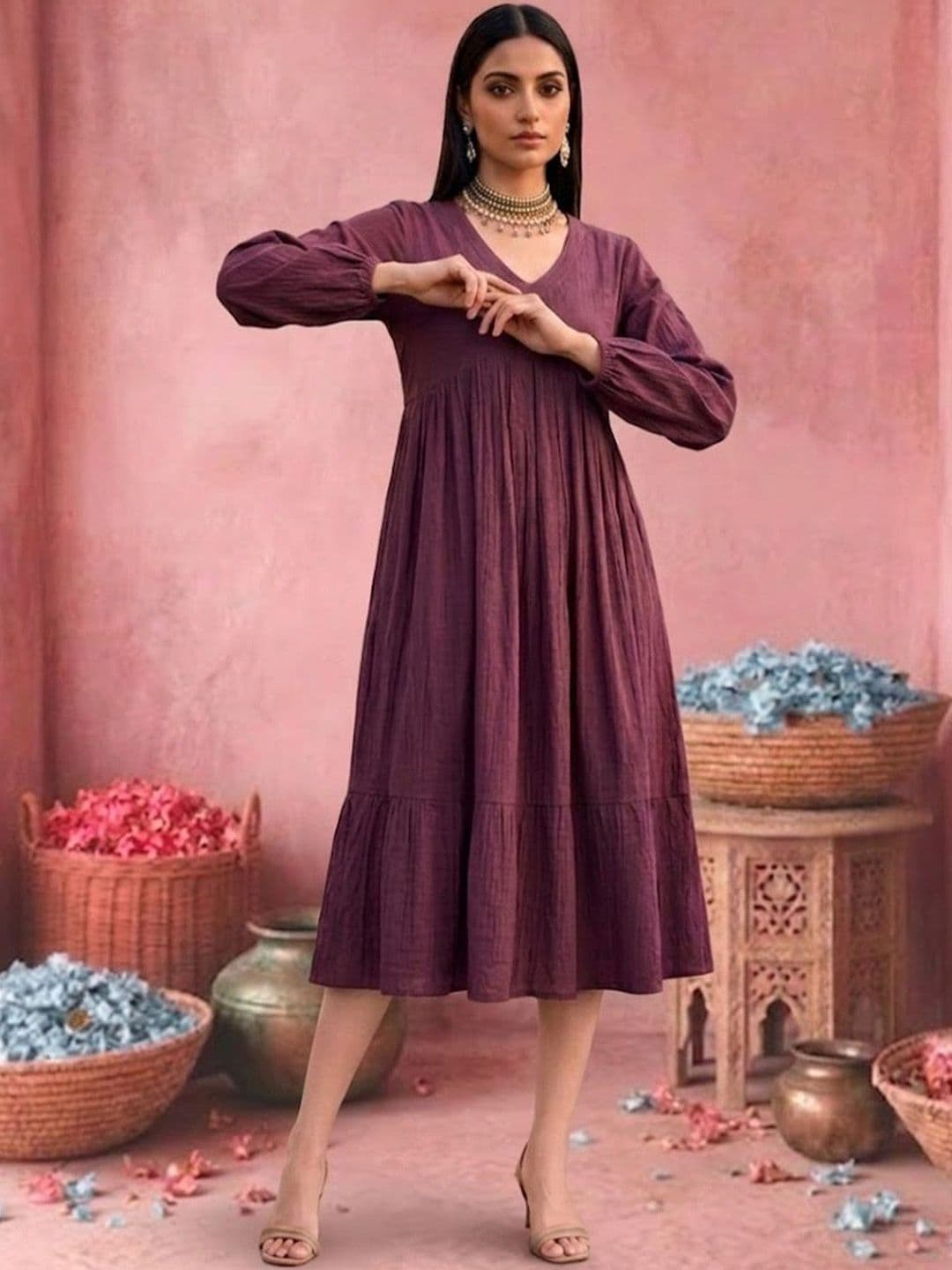 Sangria V-Neck A-Line Ethnic Dresse - view 1