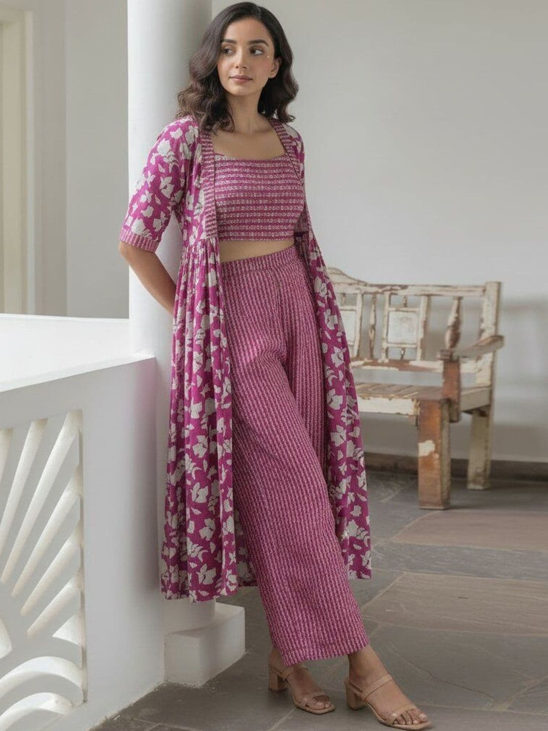 Anouk Floral Striped Top with Palazzos & Jacket - view 1