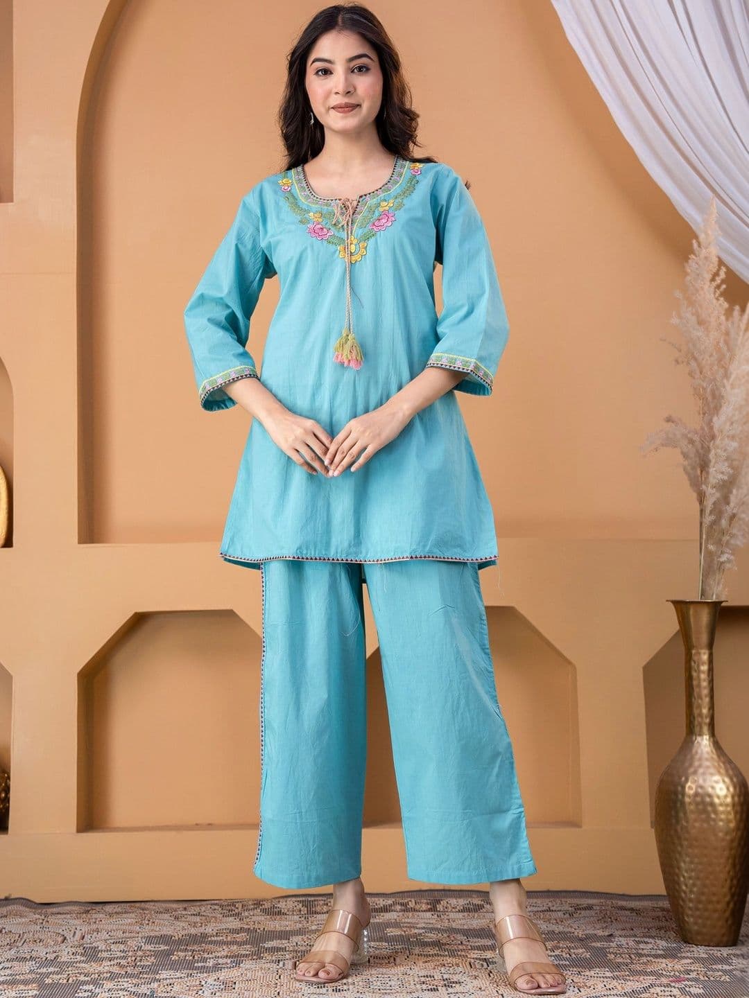 Sangria Cotton Embroidered Tunic with Palazzos - view 1