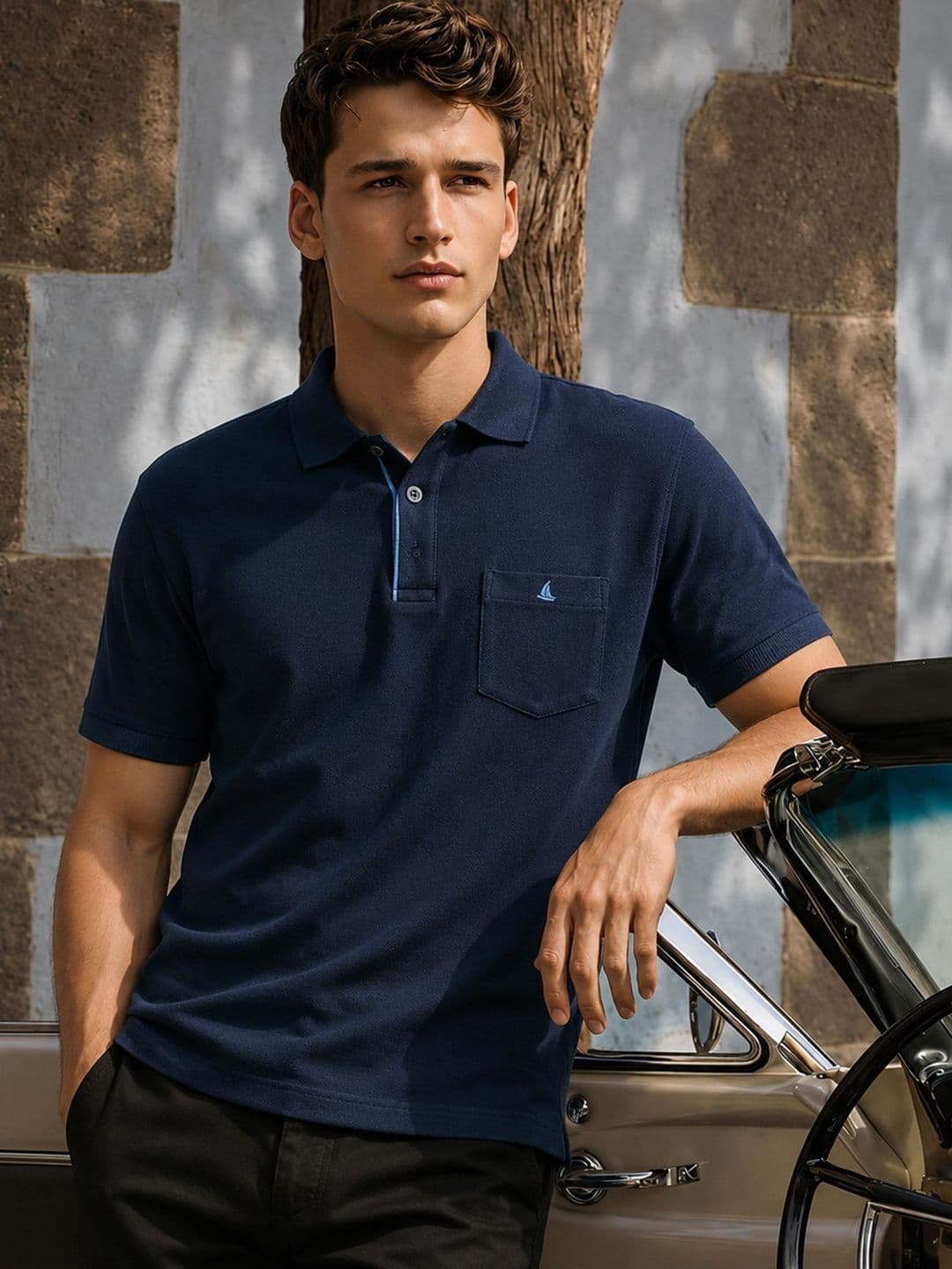 Utopium Men Brand Logo Polo Collar Pure Cotton Pockets T-shirt - view 1