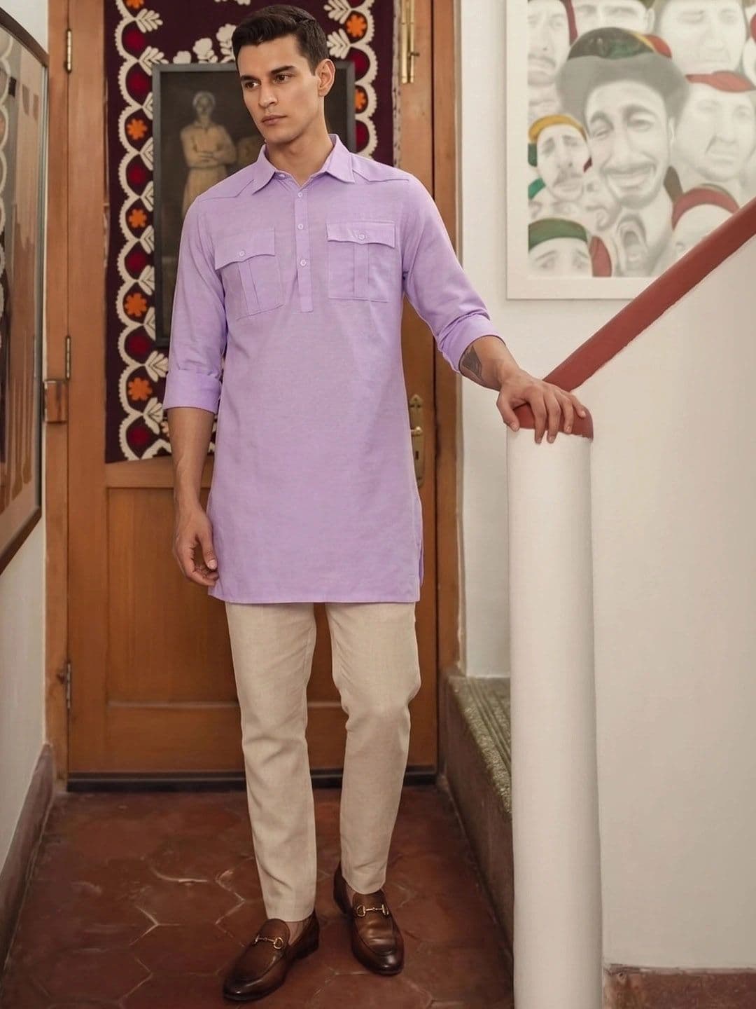House of Pataudi Shirt Collar Pocket Detailing Rozana Kurta - view 1