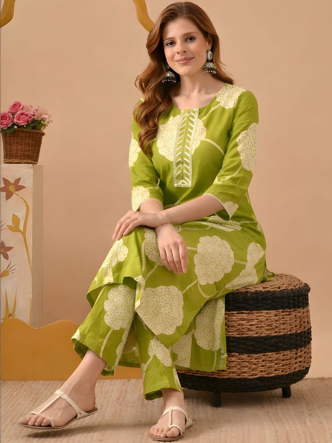 KKOUTFITS Women Floral Printed Regular Thread Work Pure Cotton Kurta with Trousers - view 1