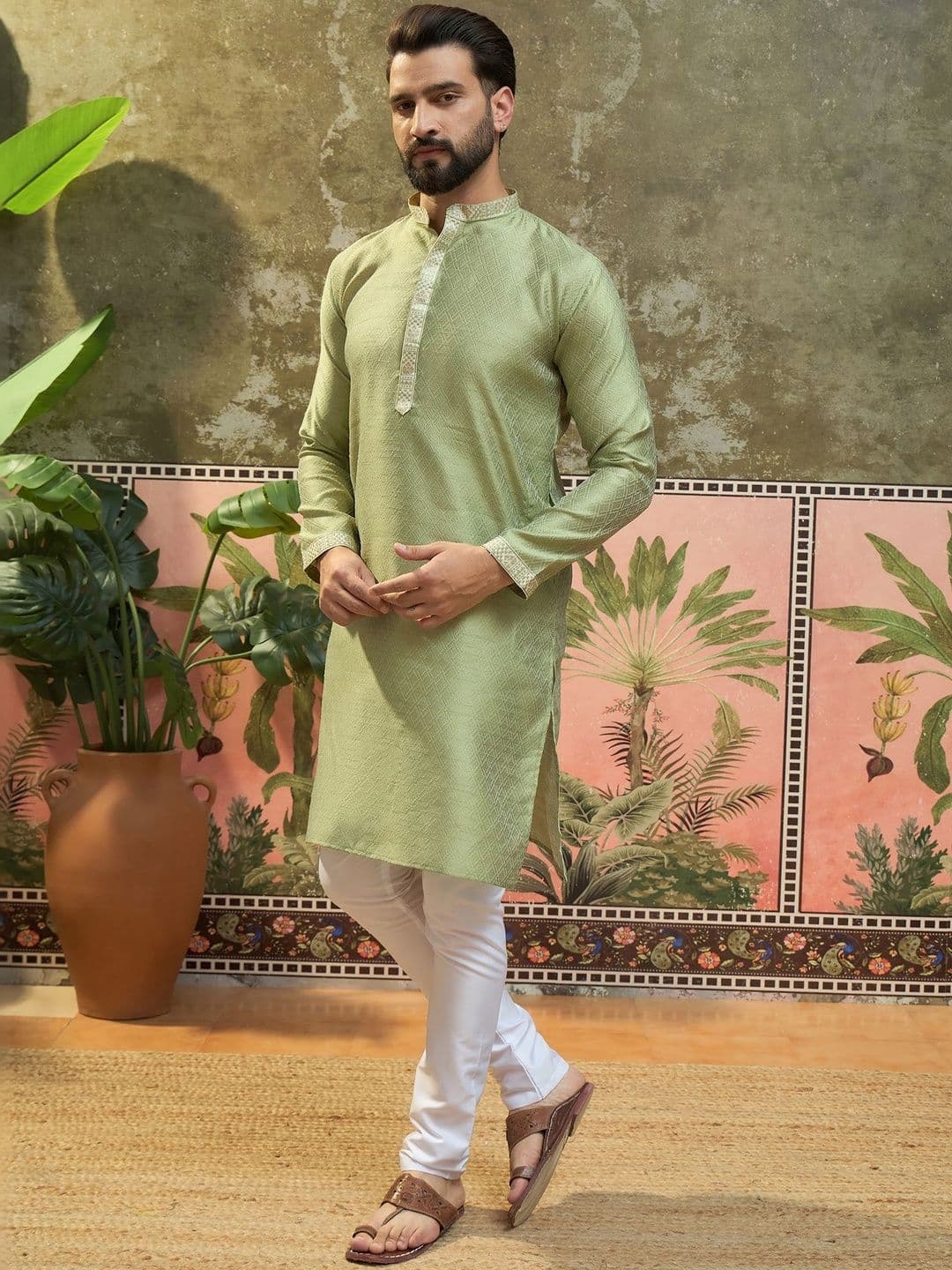 Sangria Woven Design Mandarin Collar Straight Kurta - view 1