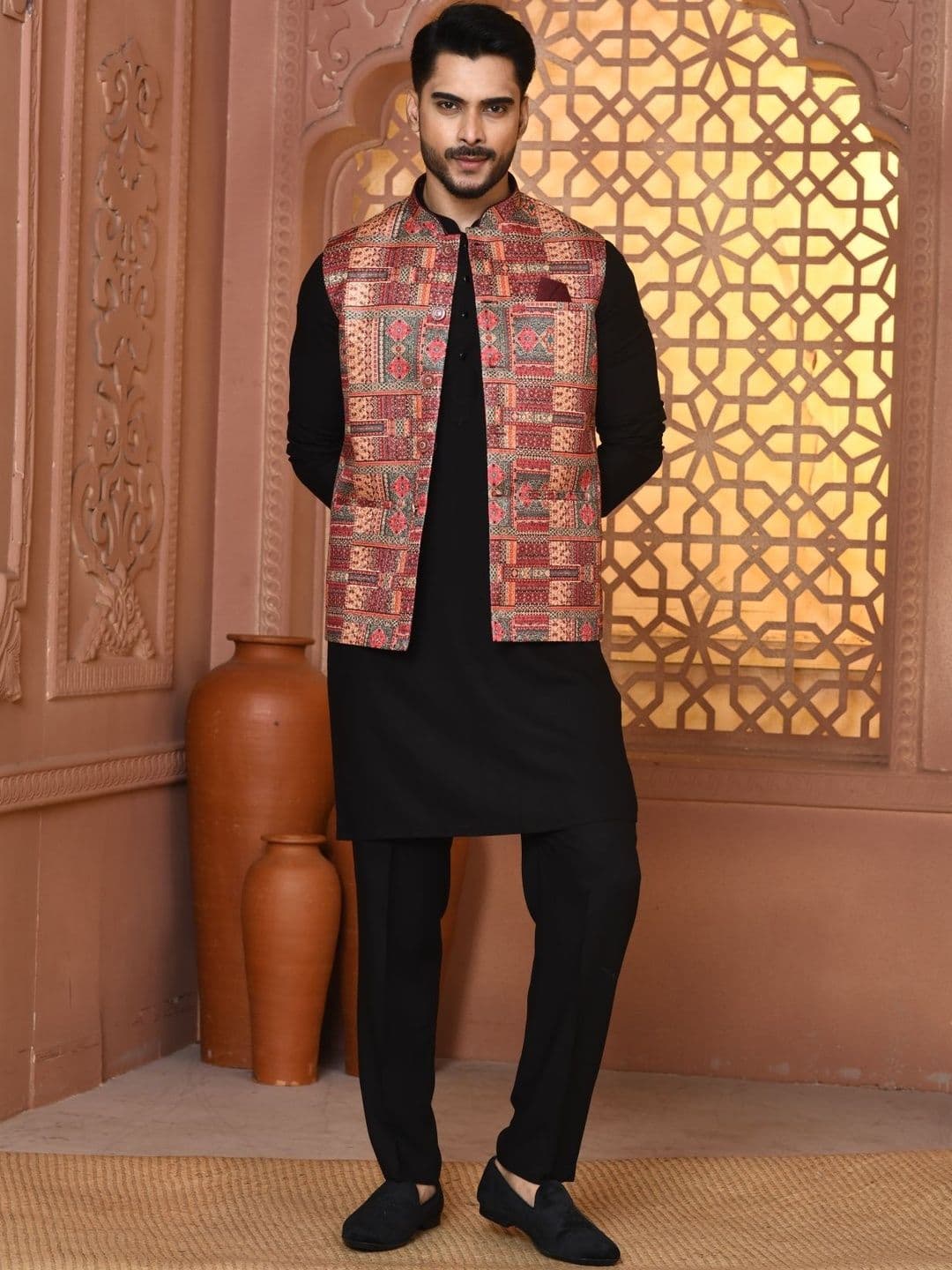 WANAS Men Multicolor Geometric Printed Premium Jacquard Nehru Jacket - view 1