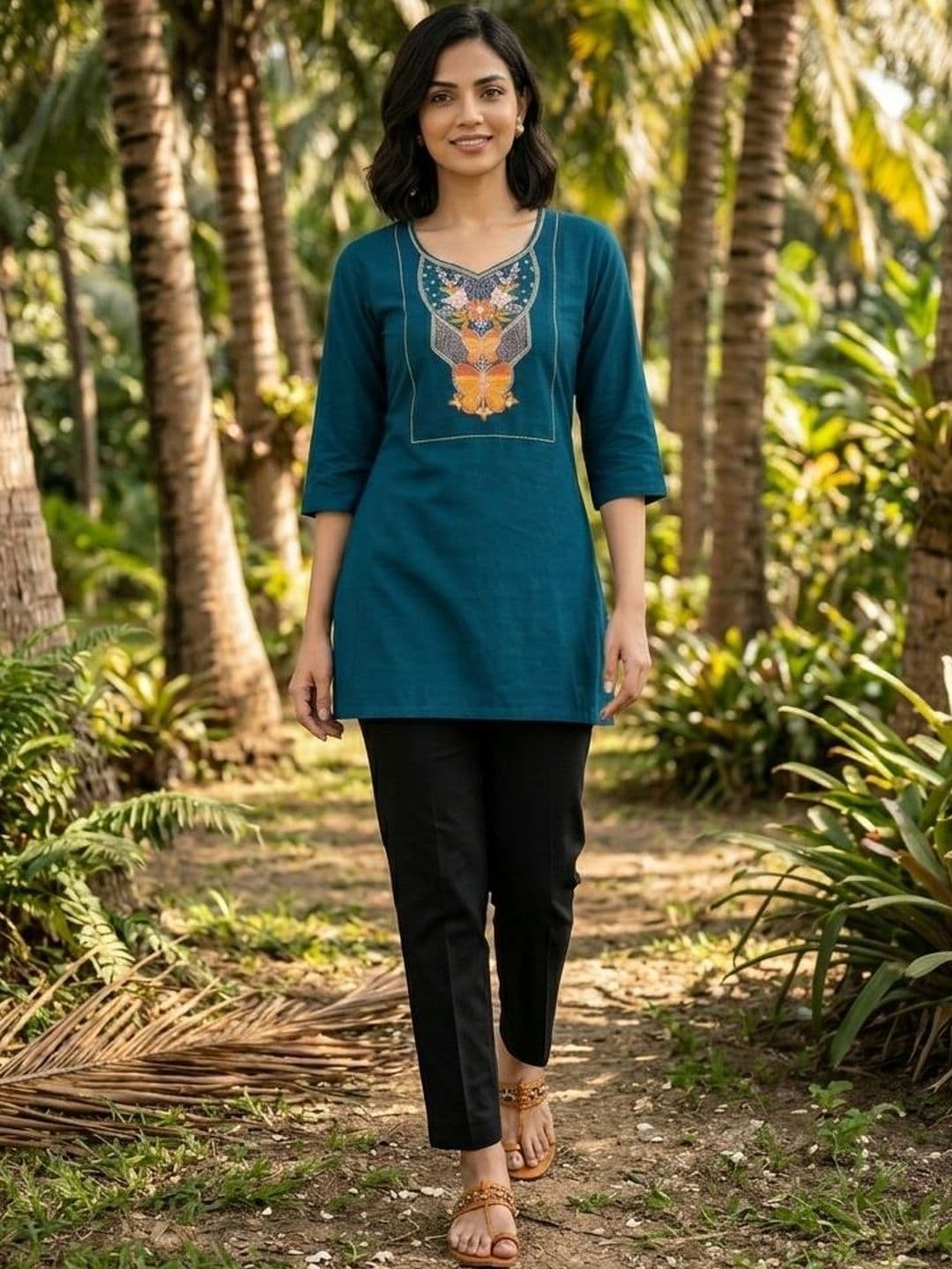 NESH CREATION Floral Embroidered V-Neck Thread Work Pure Cotton Thread Work Kurti - view 1