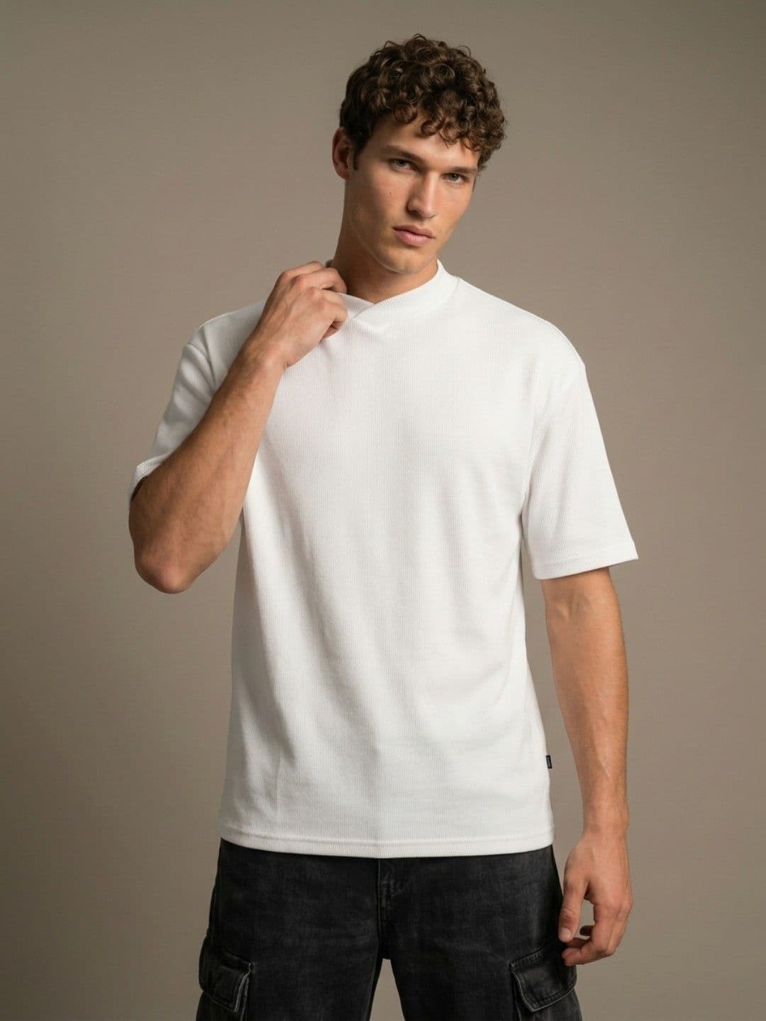 glitchez Ribbed Drop-Shoulder Sleeves Relaxed Fit T-shirt - view 1