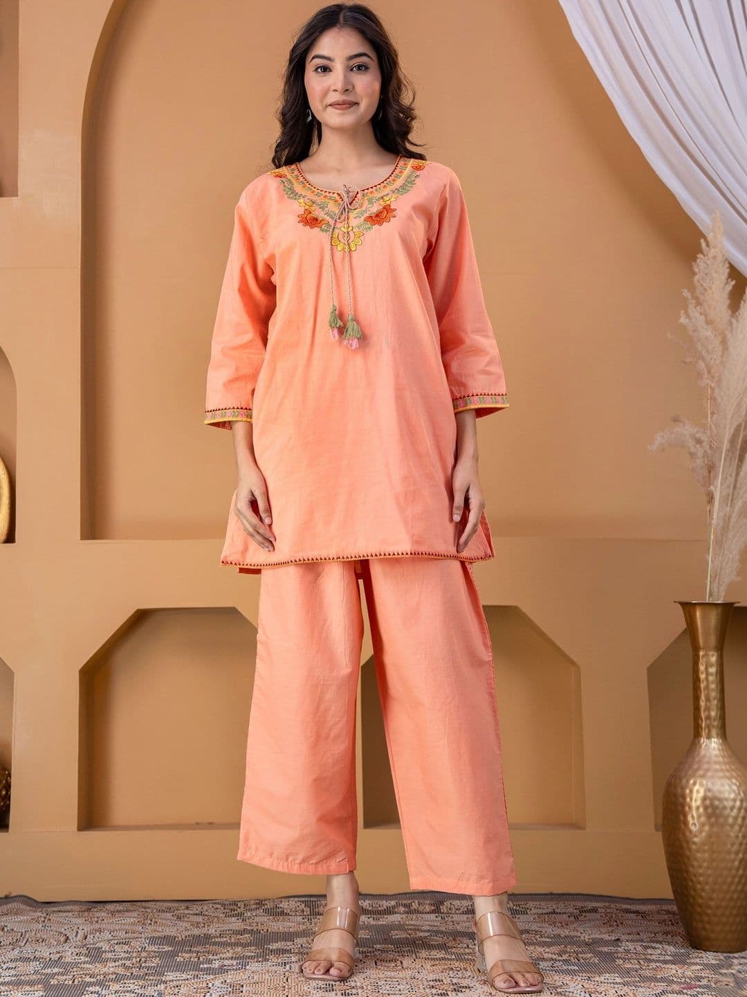 Sangria Bohemian Cotton Embroidered Tunic with Palazzos - view 1