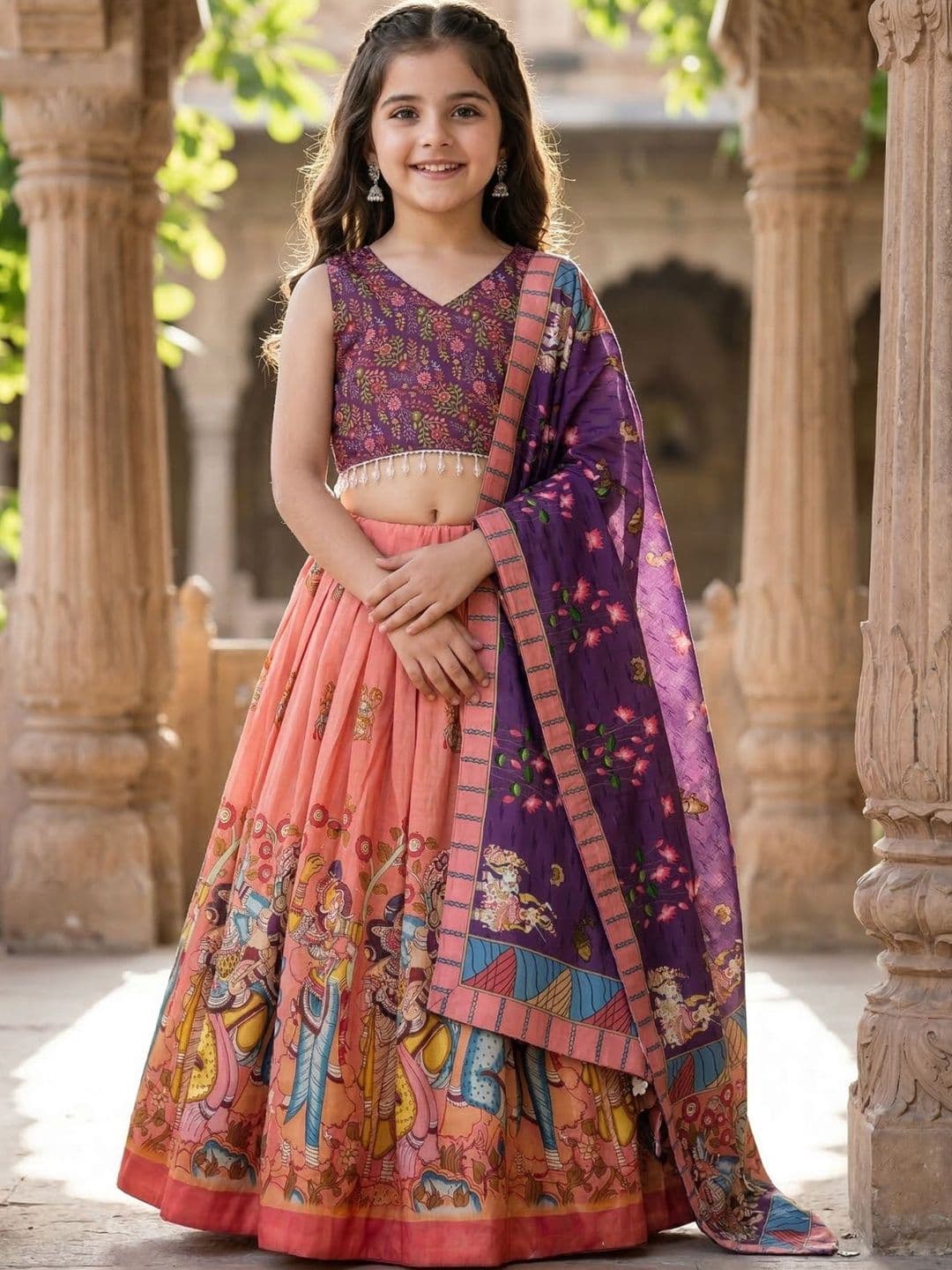 KALINI Girls Printed Thread Work Kalamkari Semi-Stitched Lehenga & Blouse With Dupatta - view 1